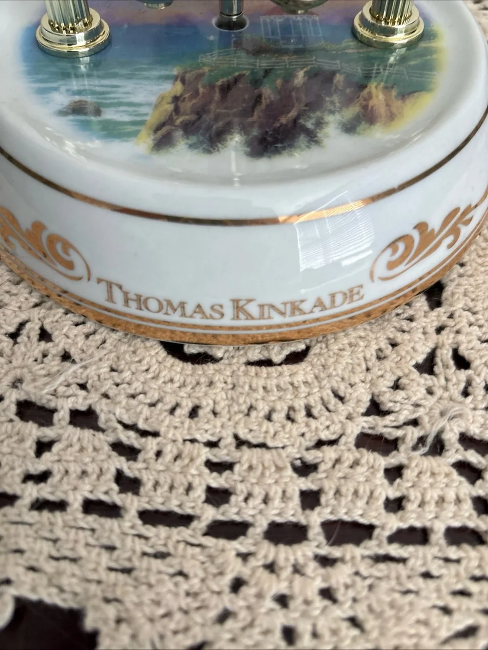 Thomas Kinkade White & Gold Glass Dome Mantel Clock with Scenic Dial
